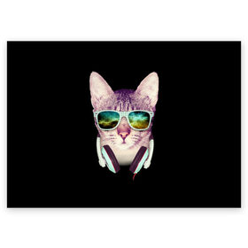 Поздравительная открытка с принтом Кот в Наушниках в Белгороде, 100% бумага | плотность бумаги 280 г/м2, матовая, на обратной стороне линовка и место для марки
 | cat | cats | kitten | kitty | pussy | диджей | кот | котенок | котик | котики | коты | котята | кошка | кошки | наушники | очки