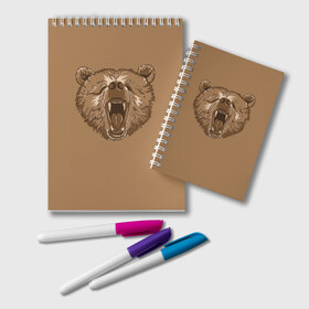 Блокнот с принтом Бурый Медведь в Белгороде, 100% бумага | 48 листов, плотность листов — 60 г/м2, плотность картонной обложки — 250 г/м2. Листы скреплены удобной пружинной спиралью. Цвет линий — светло-серый
 | Тематика изображения на принте: bear | bears | brown | russia | russian | бурый | коричневый | косматый | лапы | медведи | медведь | россия | русский | хвост | хищник