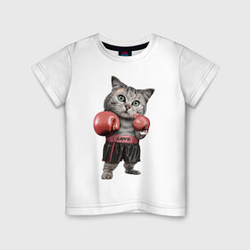 Детская футболка хлопок с принтом Кот боксёр в Белгороде, 100% хлопок | круглый вырез горловины, полуприлегающий силуэт, длина до линии бедер | Тематика изображения на принте: боец | бокс | боксёр | кот | котёнок | кошак | кошка | кулак | спорт | шорты