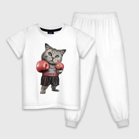 Детская пижама хлопок с принтом Кот боксёр в Белгороде, 100% хлопок |  брюки и футболка прямого кроя, без карманов, на брюках мягкая резинка на поясе и по низу штанин
 | боец | бокс | боксёр | кот | котёнок | кошак | кошка | кулак | спорт | шорты