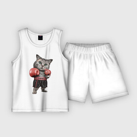 Детская пижама с шортами хлопок с принтом Кот боксёр в Белгороде,  |  | боец | бокс | боксёр | кот | котёнок | кошак | кошка | кулак | спорт | шорты