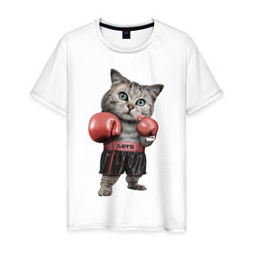 Мужская футболка хлопок с принтом Кот боксёр в Белгороде, 100% хлопок | прямой крой, круглый вырез горловины, длина до линии бедер, слегка спущенное плечо. | Тематика изображения на принте: боец | бокс | боксёр | кот | котёнок | кошак | кошка | кулак | спорт | шорты