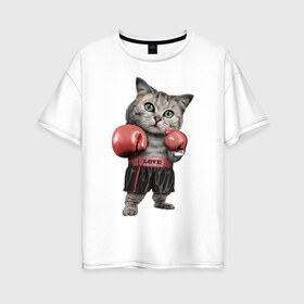 Женская футболка хлопок Oversize с принтом Кот боксёр в Белгороде, 100% хлопок | свободный крой, круглый ворот, спущенный рукав, длина до линии бедер
 | боец | бокс | боксёр | кот | котёнок | кошак | кошка | кулак | спорт | шорты