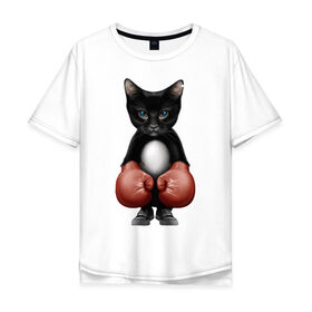 Мужская футболка хлопок Oversize с принтом Котёнок боксёр в Белгороде, 100% хлопок | свободный крой, круглый ворот, “спинка” длиннее передней части | боец | бокс | боксёр | кот | котёнок | кошак | кошка | кулак | спорт | шорты