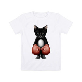 Детская футболка хлопок с принтом Котёнок боксёр в Белгороде, 100% хлопок | круглый вырез горловины, полуприлегающий силуэт, длина до линии бедер | боец | бокс | боксёр | кот | котёнок | кошак | кошка | кулак | спорт | шорты