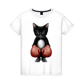 Женская футболка хлопок с принтом Котёнок боксёр в Белгороде, 100% хлопок | прямой крой, круглый вырез горловины, длина до линии бедер, слегка спущенное плечо | боец | бокс | боксёр | кот | котёнок | кошак | кошка | кулак | спорт | шорты