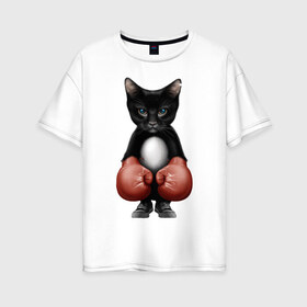 Женская футболка хлопок Oversize с принтом Котёнок боксёр в Белгороде, 100% хлопок | свободный крой, круглый ворот, спущенный рукав, длина до линии бедер
 | Тематика изображения на принте: боец | бокс | боксёр | кот | котёнок | кошак | кошка | кулак | спорт | шорты