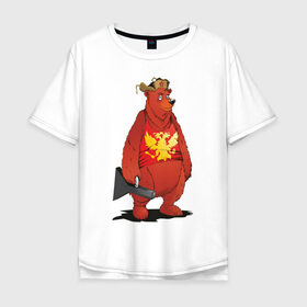 Мужская футболка хлопок Oversize с принтом Мишка с футляром в Белгороде, 100% хлопок | свободный крой, круглый ворот, “спинка” длиннее передней части | балалайка | красный | медведь | патриот | россия | русь | ушанка | футляр