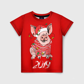 Детская футболка 3D с принтом Полосатый поросенок в Белгороде, 100% гипоаллергенный полиэфир | прямой крой, круглый вырез горловины, длина до линии бедер, чуть спущенное плечо, ткань немного тянется | 2019 | боров | гирлянда | год | голова | дед мороз | домашнее | елочная | животное | клаус | костюм | красная | мода | новый год | подарок | поздравление | полосатый | поросенок | праздник | профиль