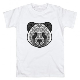 Мужская футболка хлопок с принтом Узорная панда в Белгороде, 100% хлопок | прямой крой, круглый вырез горловины, длина до линии бедер, слегка спущенное плечо. | голова | животное | завитки. кружево | зверь | панда | узорная панда | узоры