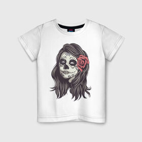 Детская футболка хлопок с принтом Mexican girl в Белгороде, 100% хлопок | круглый вырез горловины, полуприлегающий силуэт, длина до линии бедер | девушка | зомби | мексика | паутина | роза | тату | хэллоуин | череп