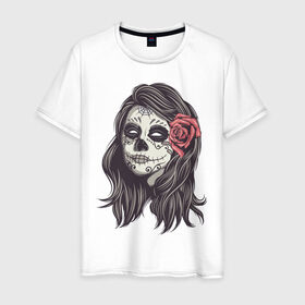 Мужская футболка хлопок с принтом Mexican girl в Белгороде, 100% хлопок | прямой крой, круглый вырез горловины, длина до линии бедер, слегка спущенное плечо. | девушка | зомби | мексика | паутина | роза | тату | хэллоуин | череп