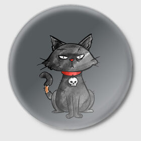 Значок с принтом Кот бедолага в Белгороде,  металл | круглая форма, металлическая застежка в виде булавки | кот | череп | черный