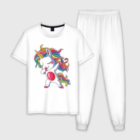 Мужская пижама хлопок с принтом Dabbing Unicorn в Белгороде, 100% хлопок | брюки и футболка прямого кроя, без карманов, на брюках мягкая резинка на поясе и по низу штанин
 | dab | dab единорог | dabbing unicorn | unicorn | единорог радуга | краски | прикольные картинки | радуга | радужные краски | радужный единорог
