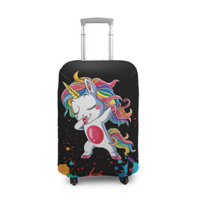 Чехол для чемодана 3D с принтом Радужный единорог в Белгороде, 86% полиэфир, 14% спандекс | двустороннее нанесение принта, прорези для ручек и колес | dab | dab единорог | dabbing unicorn | unicorn | брызги красок | единорог радуга | краски | прикольные картинки | радуга | радужные краски | радужный единорог