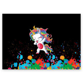 Поздравительная открытка с принтом Радужный единорог в Белгороде, 100% бумага | плотность бумаги 280 г/м2, матовая, на обратной стороне линовка и место для марки
 | dab | dab единорог | dabbing unicorn | unicorn | брызги красок | единорог радуга | краски | прикольные картинки | радуга | радужные краски | радужный единорог