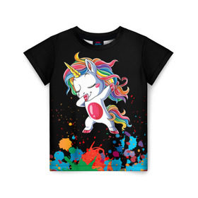 Детская футболка 3D с принтом Радужный единорог в Белгороде, 100% гипоаллергенный полиэфир | прямой крой, круглый вырез горловины, длина до линии бедер, чуть спущенное плечо, ткань немного тянется | dab | dab единорог | dabbing unicorn | unicorn | брызги красок | единорог радуга | краски | прикольные картинки | радуга | радужные краски | радужный единорог