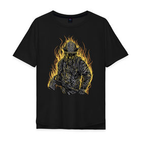 Мужская футболка хлопок Oversize с принтом Пожарный в Белгороде, 100% хлопок | свободный крой, круглый ворот, “спинка” длиннее передней части | искры | маска | мужик | мчс | огонь | охрана | пламя | пожар | пожарные | спасатели | топор | шлем