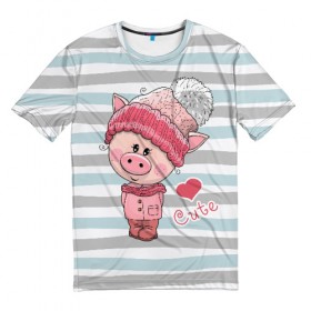 Мужская футболка 3D с принтом Милая свинка в Белгороде, 100% полиэфир | прямой крой, круглый вырез горловины, длина до линии бедер | 2019 | боров | взгляд | год | домашнее | животное | костюм | красная | милая | мода | новый год | пальто | подарок | поздравление | поросенок | праздник | рисунок | рождество | румянец | с новым годом