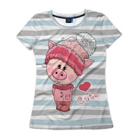 Женская футболка 3D с принтом Милая свинка в Белгороде, 100% полиэфир ( синтетическое хлопкоподобное полотно) | прямой крой, круглый вырез горловины, длина до линии бедер | 2019 | боров | взгляд | год | домашнее | животное | костюм | красная | милая | мода | новый год | пальто | подарок | поздравление | поросенок | праздник | рисунок | рождество | румянец | с новым годом