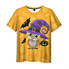 Мужская футболка 3D с принтом Совушка и хэллоуин в Белгороде, 100% полиэфир | прямой крой, круглый вырез горловины, длина до линии бедер | Тематика изображения на принте: halloween | летучая мышь | подарок на хэллоуин | прикольная сова | сова | сова и хэллоуин | совушка | тыква | тыква на хэллоуин | хэллоуин