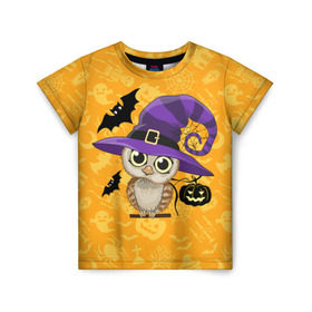 Детская футболка 3D с принтом Совушка и хэллоуин в Белгороде, 100% гипоаллергенный полиэфир | прямой крой, круглый вырез горловины, длина до линии бедер, чуть спущенное плечо, ткань немного тянется | halloween | летучая мышь | подарок на хэллоуин | прикольная сова | сова | сова и хэллоуин | совушка | тыква | тыква на хэллоуин | хэллоуин