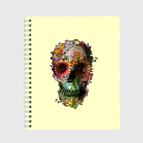 Тетрадь с принтом Цветочный Череп в Белгороде, 100% бумага | 48 листов, плотность листов — 60 г/м2, плотность картонной обложки — 250 г/м2. Листы скреплены сбоку удобной пружинной спиралью. Уголки страниц и обложки скругленные. Цвет линий — светло-серый
 | bone | bones | flower | flowers | skeleton | skeletons | skull | skulls | кости | кость | скелет | скелеты | цветок | цветочки | цветочный | цветы | череп | черепа | черепок