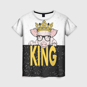 Женская футболка 3D с принтом King в Белгороде, 100% полиэфир ( синтетическое хлопкоподобное полотно) | прямой крой, круглый вырез горловины, длина до линии бедер | 2019 | боров | ве | взгляд | власть | год | домашнее | животное | золотая | король | корона | круто | лучший | мода | молодёжная | монарх | новый год | подарок | поздравление | поросенок | праздник | рисунок