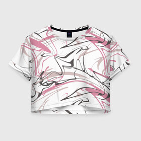 Женская футболка Cropp-top с принтом Хаотичные линии в Белгороде, 100% полиэстер | круглая горловина, длина футболки до линии талии, рукава с отворотами | Тематика изображения на принте: абстракция | розовый | цвет | черный