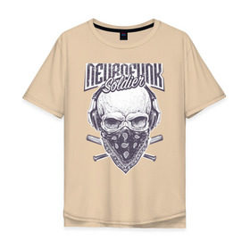 Мужская футболка хлопок Oversize с принтом Neurofunk soldier в Белгороде, 100% хлопок | свободный крой, круглый ворот, “спинка” длиннее передней части | Тематика изображения на принте: панк | скелет | солдат | тату | фанк | череп