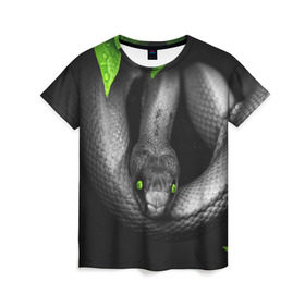 Женская футболка 3D с принтом Змея в Белгороде, 100% полиэфир ( синтетическое хлопкоподобное полотно) | прямой крой, круглый вырез горловины, длина до линии бедер | гадюка | животные | змея | листья | природа | удав | черно белое | черное и белое