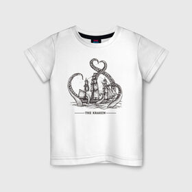Детская футболка хлопок с принтом Кракен в Белгороде, 100% хлопок | круглый вырез горловины, полуприлегающий силуэт, длина до линии бедер | Тематика изображения на принте: корабль | кракен | монстр | море | осьминог