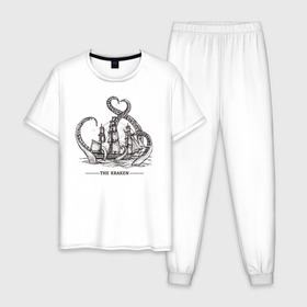 Мужская пижама хлопок с принтом Кракен в Белгороде, 100% хлопок | брюки и футболка прямого кроя, без карманов, на брюках мягкая резинка на поясе и по низу штанин
 | Тематика изображения на принте: корабль | кракен | монстр | море | осьминог