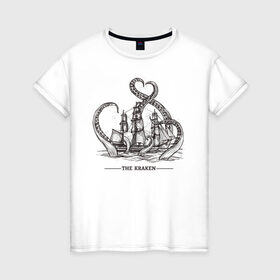 Женская футболка хлопок с принтом Кракен в Белгороде, 100% хлопок | прямой крой, круглый вырез горловины, длина до линии бедер, слегка спущенное плечо | корабль | кракен | монстр | море | осьминог