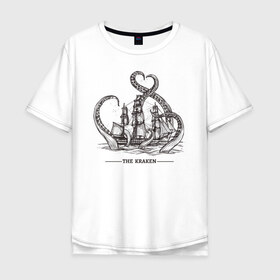 Мужская футболка хлопок Oversize с принтом Кракен в Белгороде, 100% хлопок | свободный крой, круглый ворот, “спинка” длиннее передней части | корабль | кракен | монстр | море | осьминог