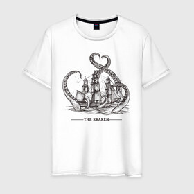 Мужская футболка хлопок с принтом Кракен в Белгороде, 100% хлопок | прямой крой, круглый вырез горловины, длина до линии бедер, слегка спущенное плечо. | корабль | кракен | монстр | море | осьминог