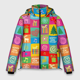 Мужская зимняя куртка 3D с принтом Новогодний коллаж в Белгороде, верх — 100% полиэстер; подкладка — 100% полиэстер; утеплитель — 100% полиэстер | длина ниже бедра, свободный силуэт Оверсайз. Есть воротник-стойка, отстегивающийся капюшон и ветрозащитная планка. 

Боковые карманы с листочкой на кнопках и внутренний карман на молнии. | белый | боров | варежки | год | голова | горошек | дед | дерево | домашняя | елка | животное | зима | кабан | клаус | красная | мороз | новый го | ноты | олень | поросенок | пятачок | с новым годом | санта