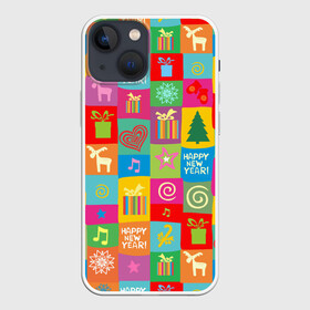 Чехол для iPhone 13 mini с принтом Новогодний коллаж в Белгороде,  |  | белый | боров | варежки | год | голова | горошек | дед | дерево | домашняя | елка | животное | зима | кабан | клаус | красная | мороз | новый го | ноты | олень | поросенок | пятачок | с новым годом | санта