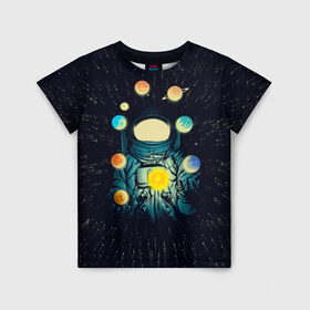 Детская футболка 3D с принтом Космический жонглер в Белгороде, 100% гипоаллергенный полиэфир | прямой крой, круглый вырез горловины, длина до линии бедер, чуть спущенное плечо, ткань немного тянется | астронавт | венера | вселенная | галактика | звезда | земля | космонавт | космос | марс | меркурий | планеты | сатурн | свет | скафандр | солнце | стекло | тени | уран | юпитер