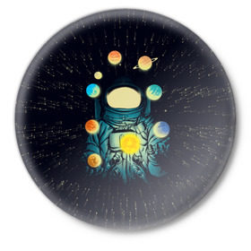 Значок с принтом Космический жонглер в Белгороде,  металл | круглая форма, металлическая застежка в виде булавки | астронавт | венера | вселенная | галактика | звезда | земля | космонавт | космос | марс | меркурий | планеты | сатурн | свет | скафандр | солнце | стекло | тени | уран | юпитер