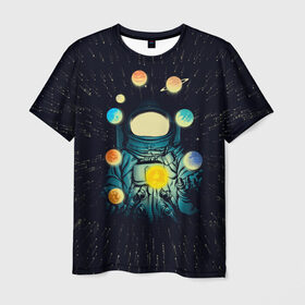 Мужская футболка 3D с принтом Космический жонглер в Белгороде, 100% полиэфир | прямой крой, круглый вырез горловины, длина до линии бедер | астронавт | венера | вселенная | галактика | звезда | земля | космонавт | космос | марс | меркурий | планеты | сатурн | свет | скафандр | солнце | стекло | тени | уран | юпитер
