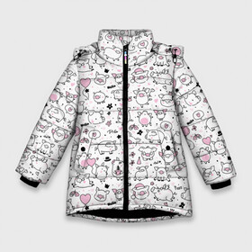 Зимняя куртка для девочек 3D с принтом Новогодние поросята в Белгороде, ткань верха — 100% полиэстер; подклад — 100% полиэстер, утеплитель — 100% полиэстер. | длина ниже бедра, удлиненная спинка, воротник стойка и отстегивающийся капюшон. Есть боковые карманы с листочкой на кнопках, утяжки по низу изделия и внутренний карман на молнии. 

Предусмотрены светоотражающий принт на спинке, радужный светоотражающий элемент на пуллере молнии и на резинке для утяжки. | белый | боров | воздушный | год | горошек | дед | дерево | домашняя | елка | животные | зима | кабан | клаус | красная | мороз | новый год | поросенок | праздник | пятачок | рождество | с новым годом