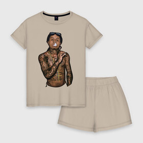 Женская пижама с шортиками хлопок с принтом Lil Wayne в Белгороде, 100% хлопок | футболка прямого кроя, шорты свободные с широкой мягкой резинкой | hip hop | крест | музыка | наколки | очки | тёмный | хип хоп
