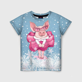 Детская футболка 3D с принтом Свинка в розовом в Белгороде, 100% гипоаллергенный полиэфир | прямой крой, круглый вырез горловины, длина до линии бедер, чуть спущенное плечо, ткань немного тянется | 2019 | год свиньи | милая свинка | новогодний подарок | новый год | новый год 2019 | подарок на новый год | прикольная свинка | свинка в розовом | свинья | символ 2019 года | снег | снежинки