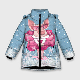 Зимняя куртка для девочек 3D с принтом Свинка в розовом в Белгороде, ткань верха — 100% полиэстер; подклад — 100% полиэстер, утеплитель — 100% полиэстер. | длина ниже бедра, удлиненная спинка, воротник стойка и отстегивающийся капюшон. Есть боковые карманы с листочкой на кнопках, утяжки по низу изделия и внутренний карман на молнии. 

Предусмотрены светоотражающий принт на спинке, радужный светоотражающий элемент на пуллере молнии и на резинке для утяжки. | 2019 | год свиньи | милая свинка | новогодний подарок | новый год | новый год 2019 | подарок на новый год | прикольная свинка | свинка в розовом | свинья | символ 2019 года | снег | снежинки