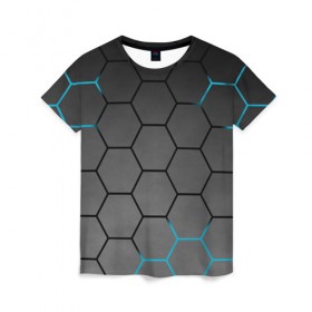 Женская футболка 3D с принтом Плиты с Энергией в Белгороде, 100% полиэфир ( синтетическое хлопкоподобное полотно) | прямой крой, круглый вырез горловины, длина до линии бедер | hexagon | metal | pattern | steel | броня | гексагон | метал | плиты | сталь | текстура