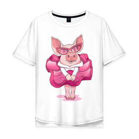 Мужская футболка хлопок Oversize с принтом Свинка в розовом в Белгороде, 100% хлопок | свободный крой, круглый ворот, “спинка” длиннее передней части | 2019 | год свиньи | милая свинка | новогодний подарок | новый год | новый год 2019 | подарок на новый год | прикольная свинка | свинка в розовом | свинья | символ 2019 года | снег | снежинки