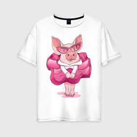 Женская футболка хлопок Oversize с принтом Свинка в розовом в Белгороде, 100% хлопок | свободный крой, круглый ворот, спущенный рукав, длина до линии бедер
 | 2019 | год свиньи | милая свинка | новогодний подарок | новый год | новый год 2019 | подарок на новый год | прикольная свинка | свинка в розовом | свинья | символ 2019 года | снег | снежинки