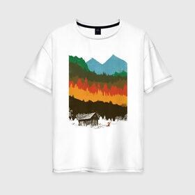 Женская футболка хлопок Oversize с принтом Дикая природа в Белгороде, 100% хлопок | свободный крой, круглый ворот, спущенный рукав, длина до линии бедер
 | горы | дикая природа | дом | лес | лиса | минимализм | развалины | сарай