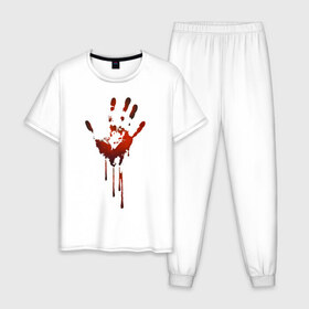 Мужская пижама хлопок с принтом Отпечаток руки в Белгороде, 100% хлопок | брюки и футболка прямого кроя, без карманов, на брюках мягкая резинка на поясе и по низу штанин
 | halloween | костюм на хэллоуин | кровавая рука | кровавый отпечаток | кровь | рисунок кровью | футболка для хэллоуина | хэллоуин